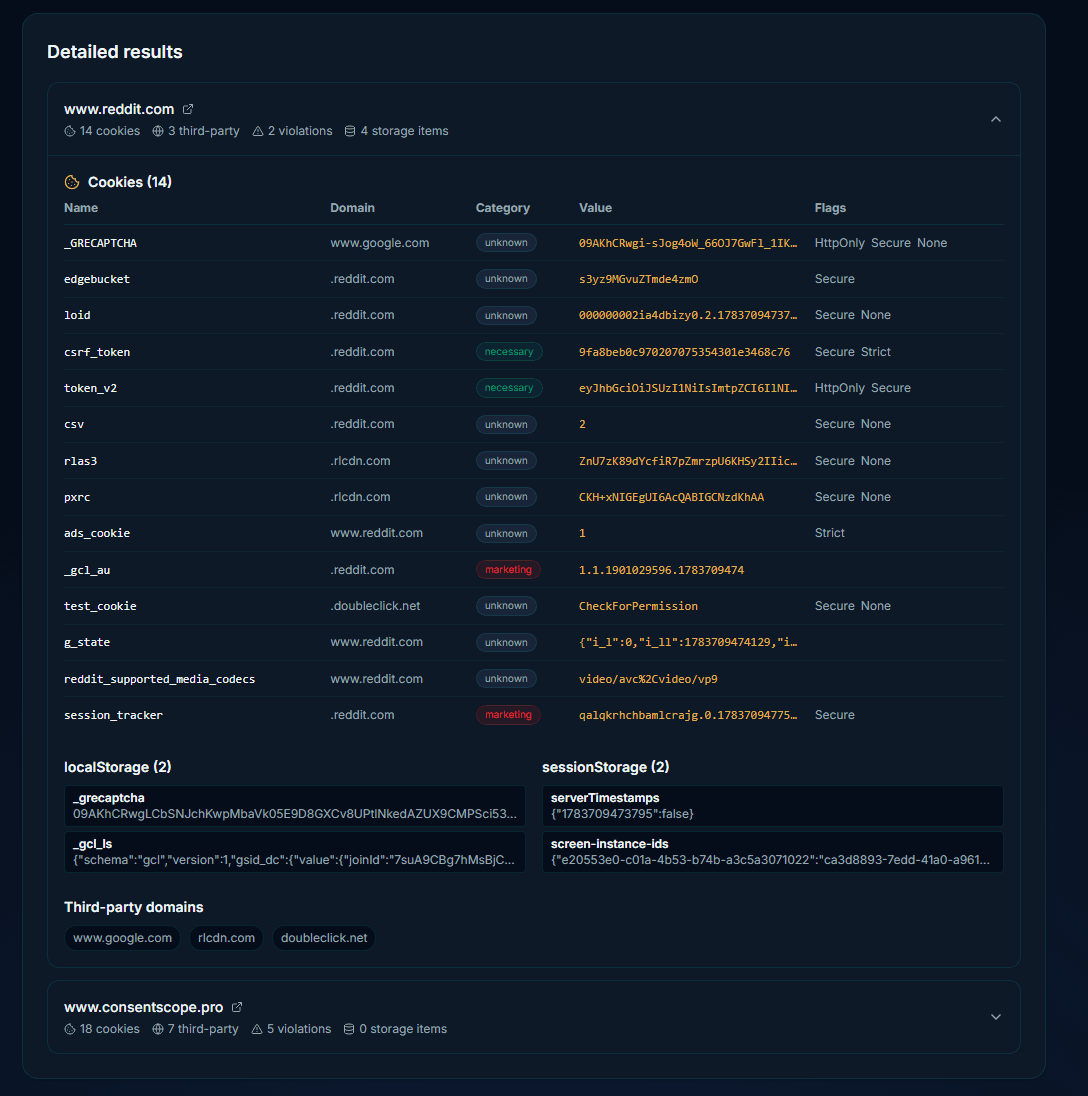 Bulk URL Scanner dashboard showing a multi-domain GDPR cookie compliance scan with violation counts and PDF/Markdown export options.