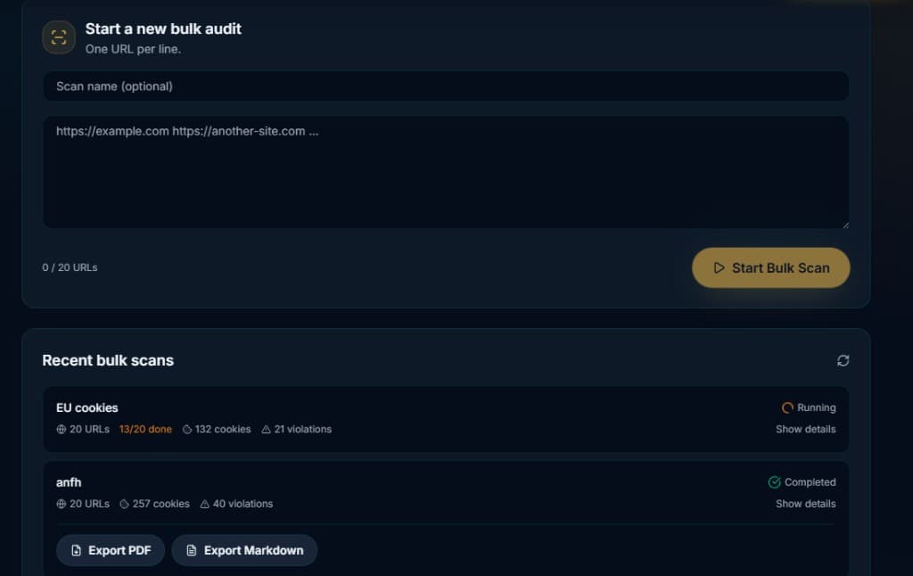 ConsentScope dashboard with a completed 20-URL batch and PDF and Markdown export buttons.