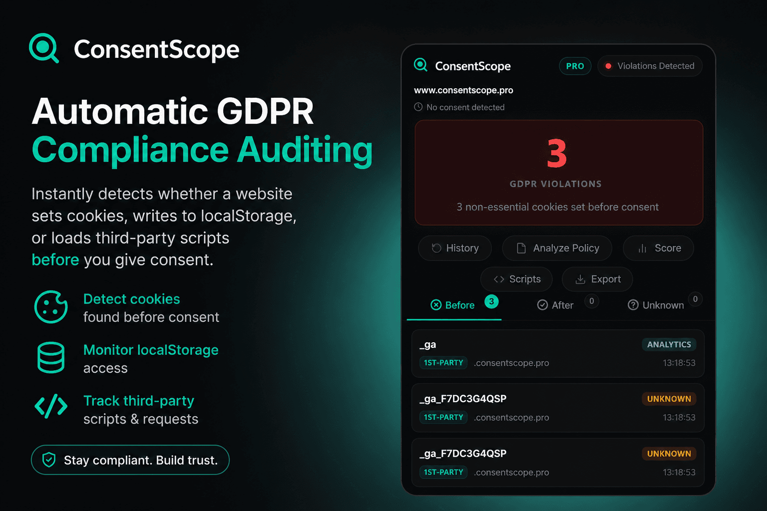 ConsentScope extension popup showing cookie scan results
