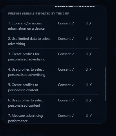 Purpose signals after accepting cookies show consent checkmarks for the visible purposes