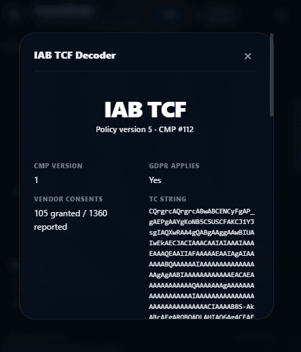 TCF Decoder after accepting cookies shows 105 vendor consents granted out of 1360 reported entries