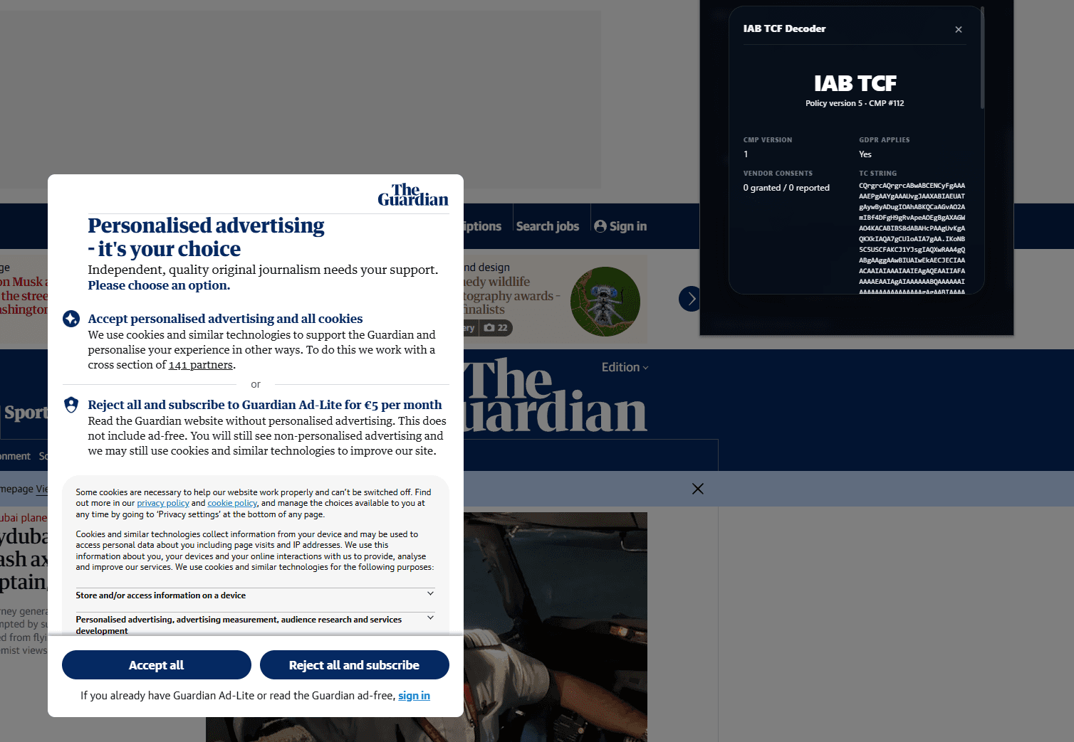 The Guardian consent banner beside ConsentScope TCF Decoder before a choice, showing CMP 112 and policy version 5