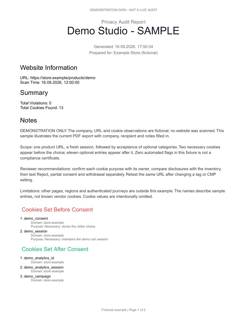 Demonstration audit report, page 1: summary, scope and reviewer recommendations. Fictional data.