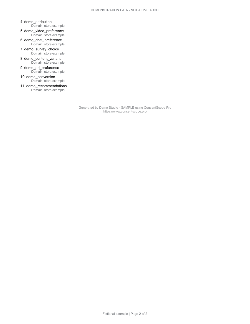 Demonstration audit report, page 2: continued cookie inventory and report footer. Fictional data.