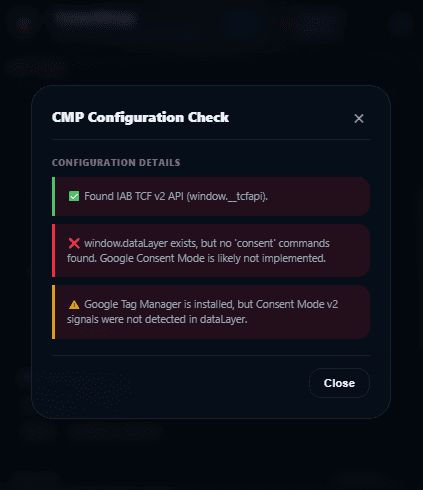 ConsentScope CMP configuration panel reports a detected IAB TCF API and no consent commands in the data layer.