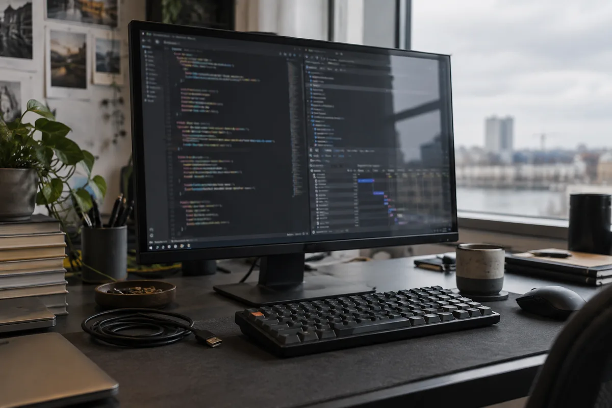 Developer workstation with code and browser diagnostic panes on a monitor