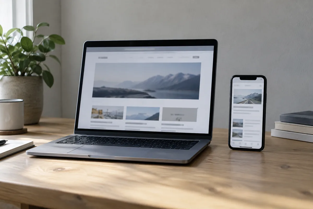 Laptop and phone displaying desktop and mobile website layouts