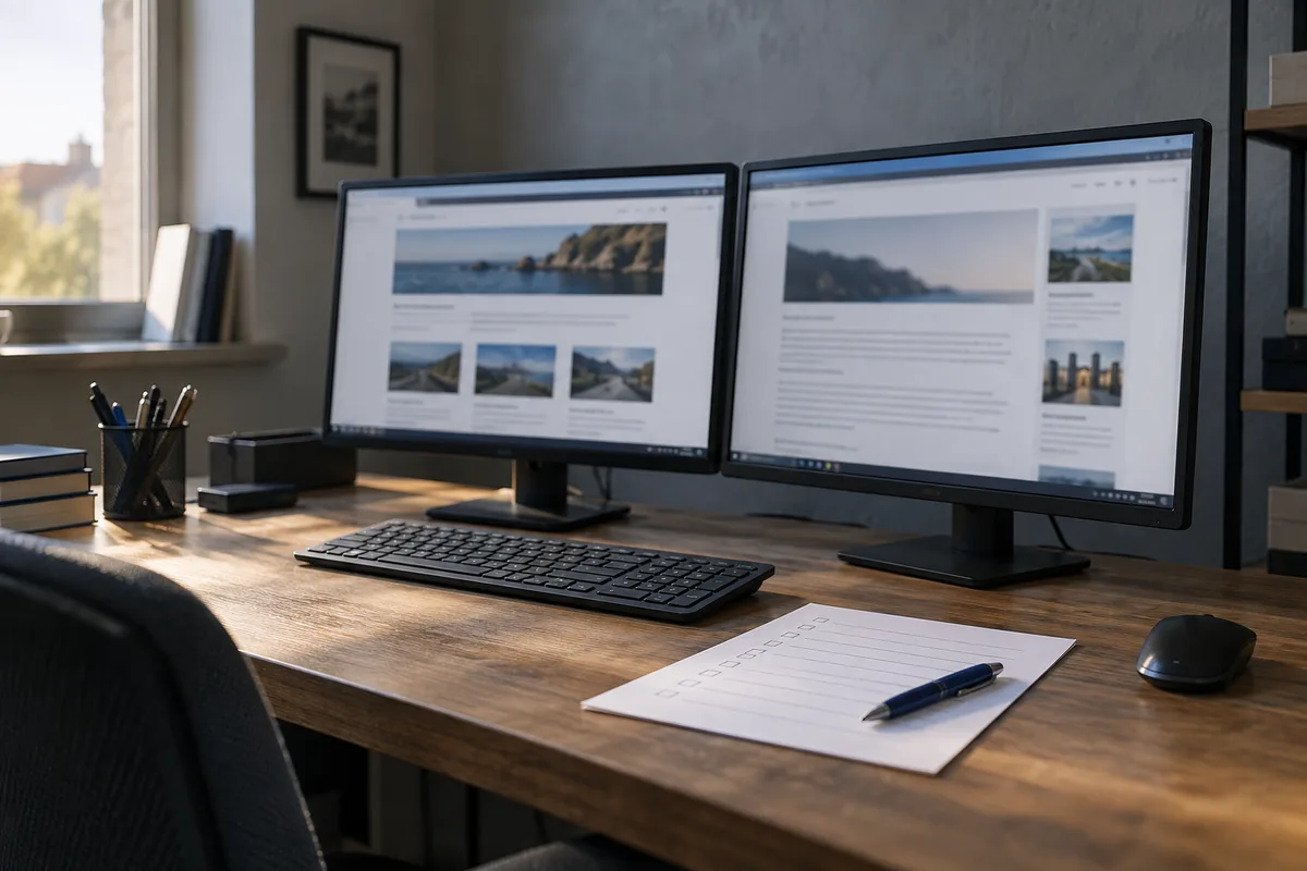 Two monitors with website layouts and a paper testing checklist