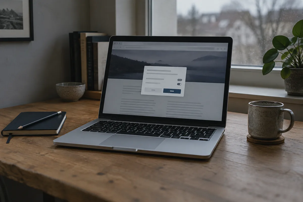 Laptop with a privacy preferences window on a wooden desk