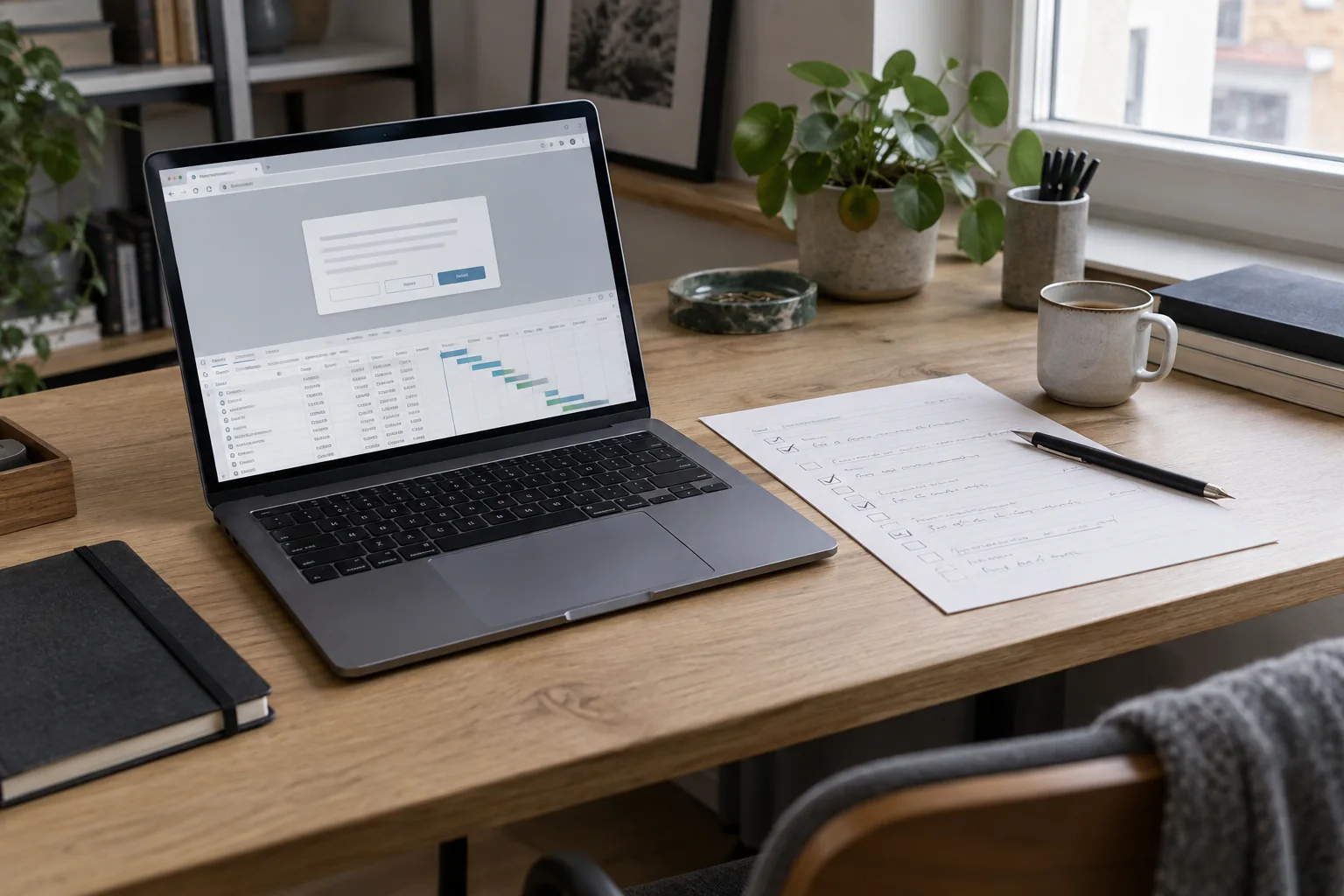 Laptop showing a consent dialog and network activity beside a paper audit checklist on a wooden desk