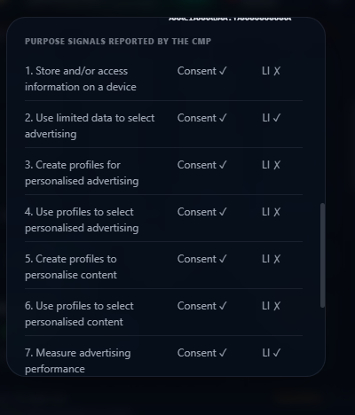 Visible TCF purpose rows after acceptance show consent checkmarks and separate legitimate-interest flags