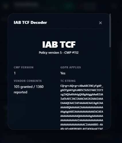 TCF Decoder after acceptance shows 105 granted vendor consents out of 1360 reported entries