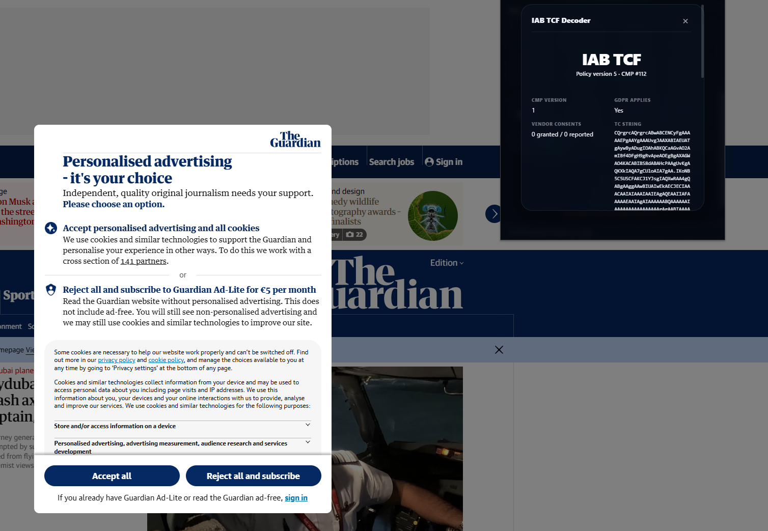 TCF Decoder before consent shows policy version 5, CMP 112 and zero reported vendor consent entries beside the Guardian banner