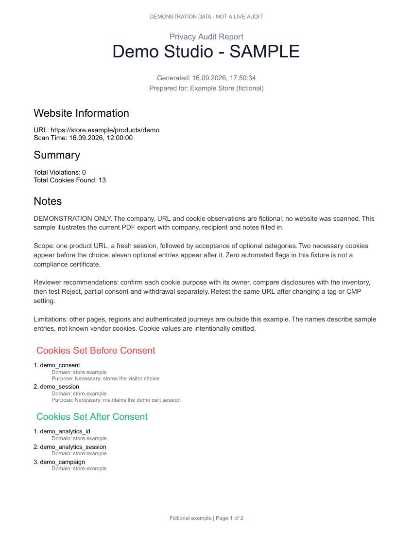 First page of the ConsentScope demonstration PDF report with fictional audit data