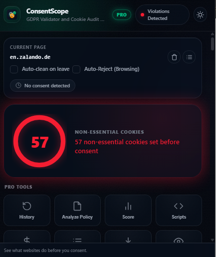 ConsentScope popup showing the current domain, No consent detected, a flagged-cookie count and Pro tool buttons